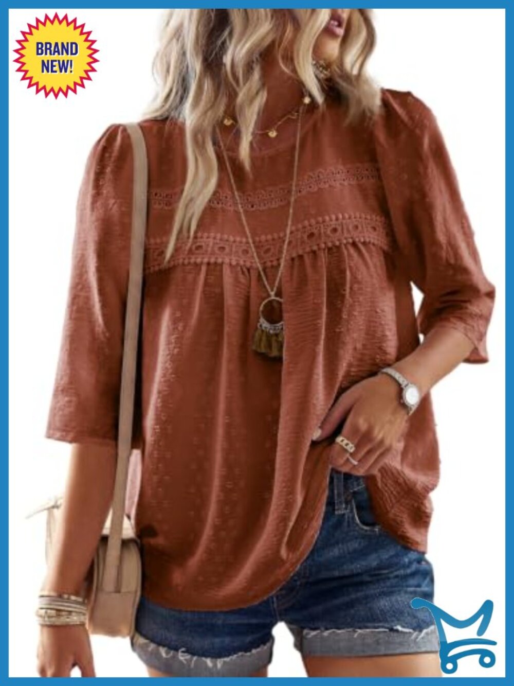 Womens Boho Crochet Lace 3/4 Sleeve Blouse Crew Neck Loose Fit Casual Top
